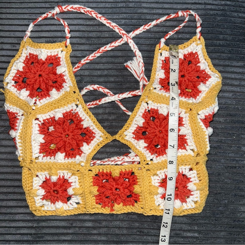 Crochet Venus Halter Top with Red and Yellow Floral Design - Picture 7 of 7